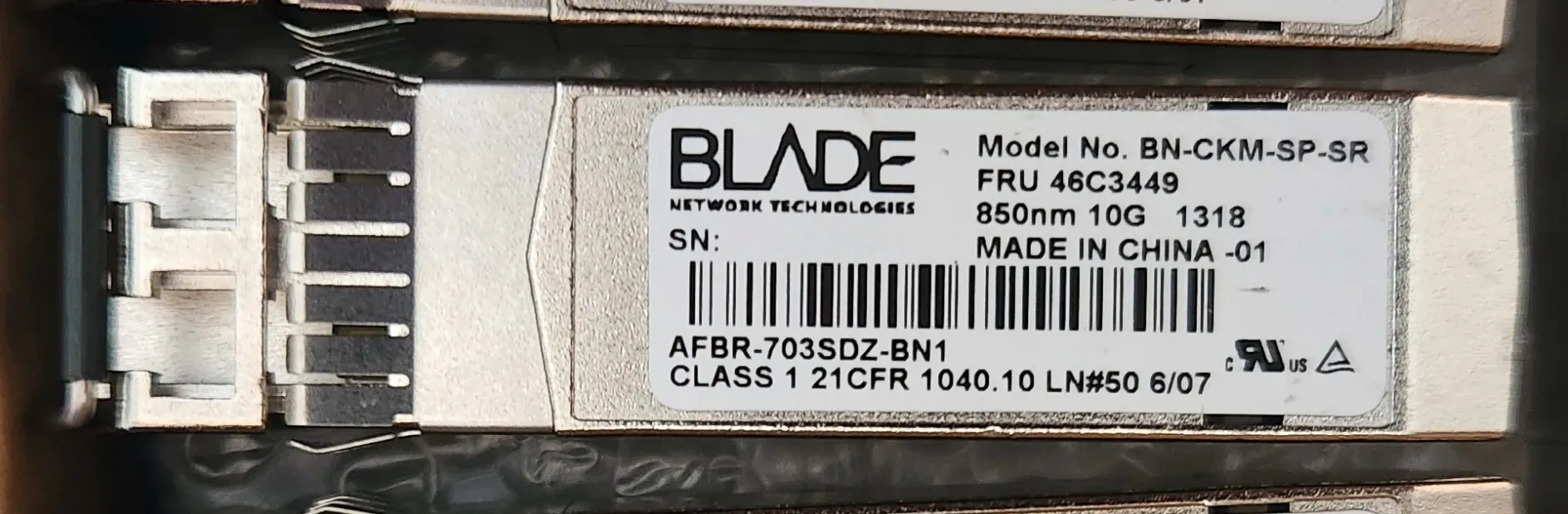 Photo of a 10Gb SFP+ BLADE network optic
