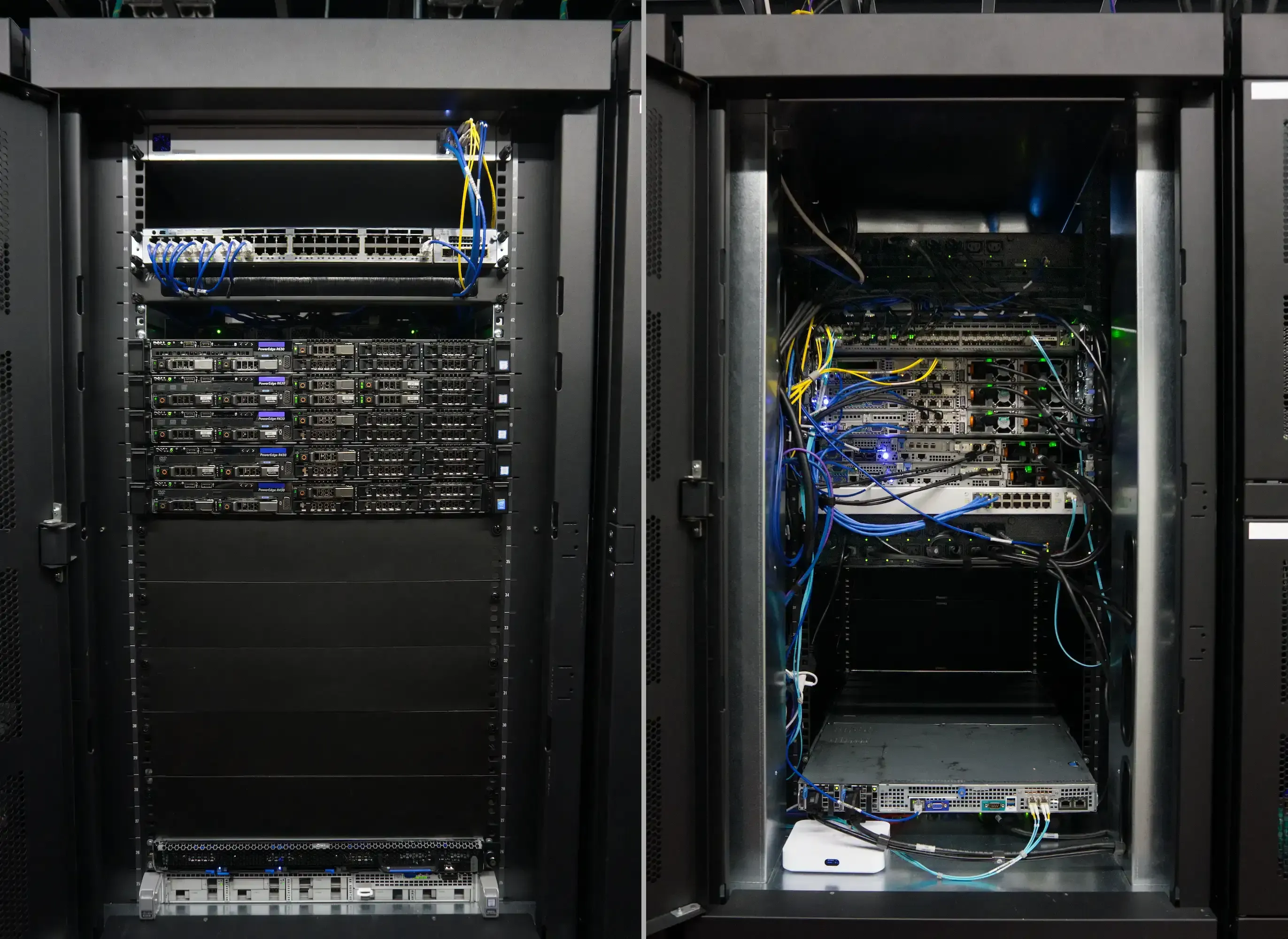 Front and back collage view a partially filled colocation rack with network and server hardware.