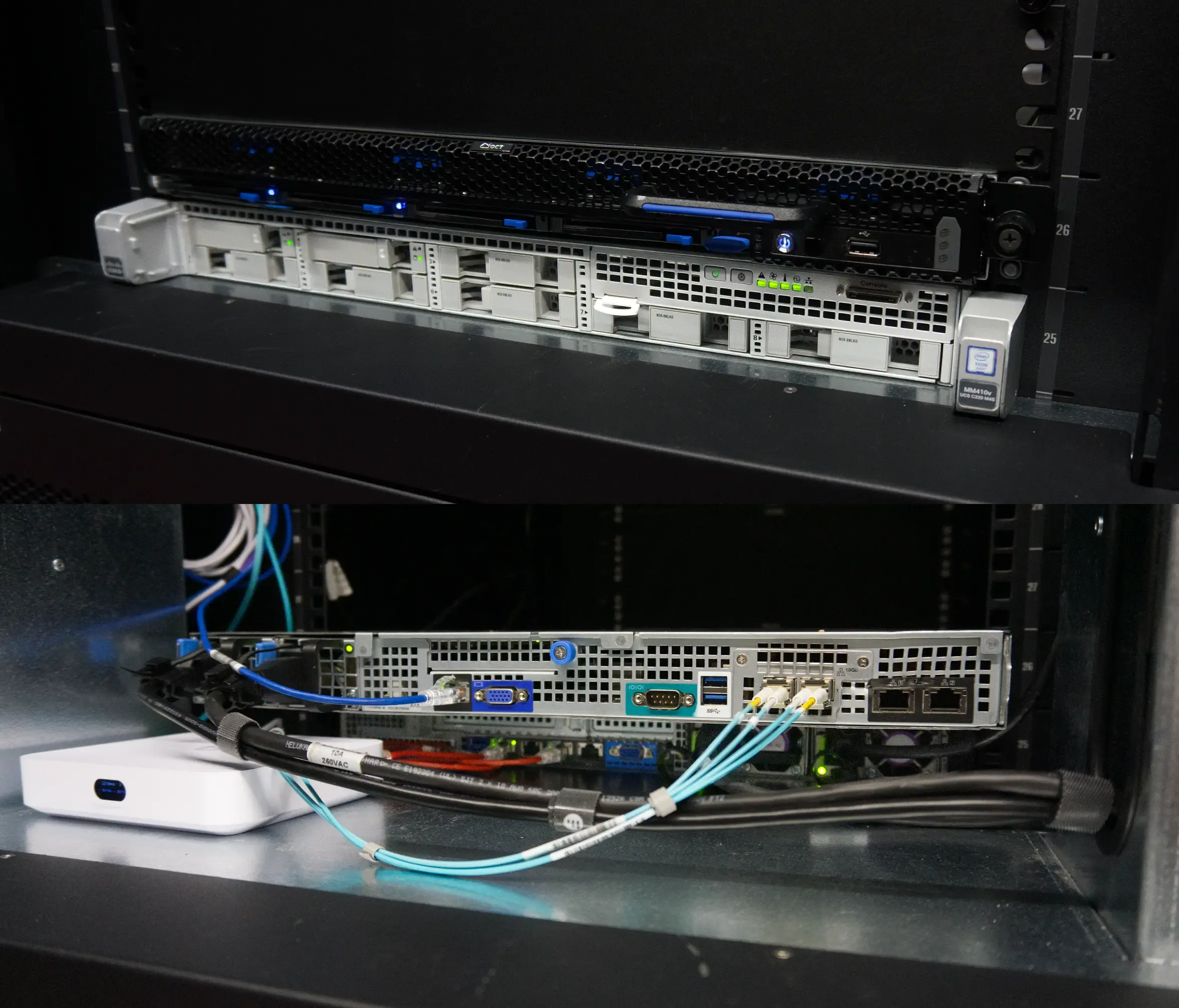 Front and back collage view a Cisco server and Ubiquiti router sitting at the bottom of a colocation cabinet showcasing the hardware configuration from the front and back of the server cabinet.