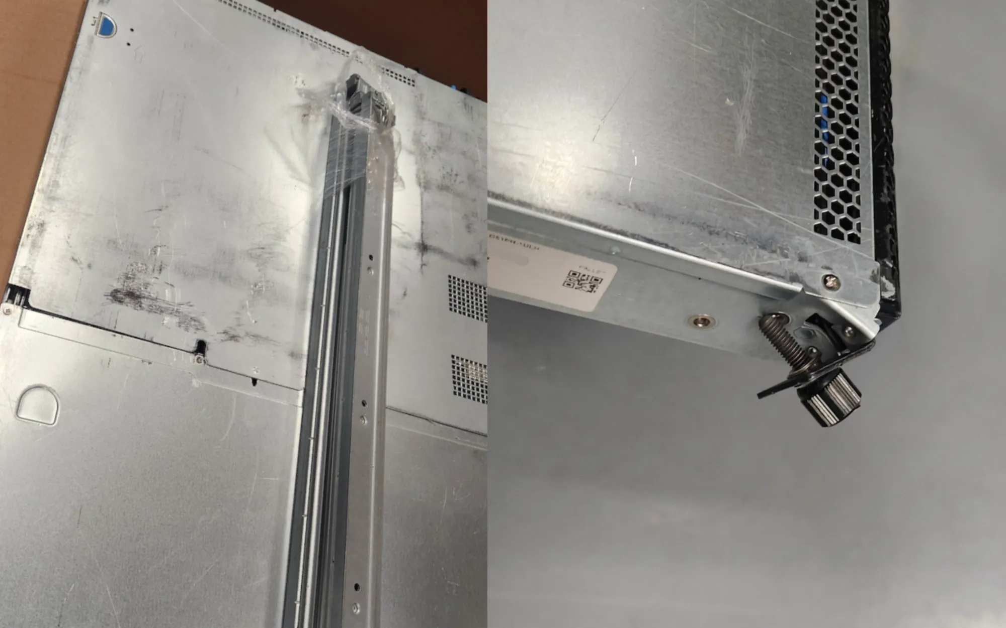 Left by right photo collage showcasing Quanta server damage. Left photo view shows the topside of the server with deep scrapes by the server rails sitting on top during shipping. Right photo shows bent front left rack ear.