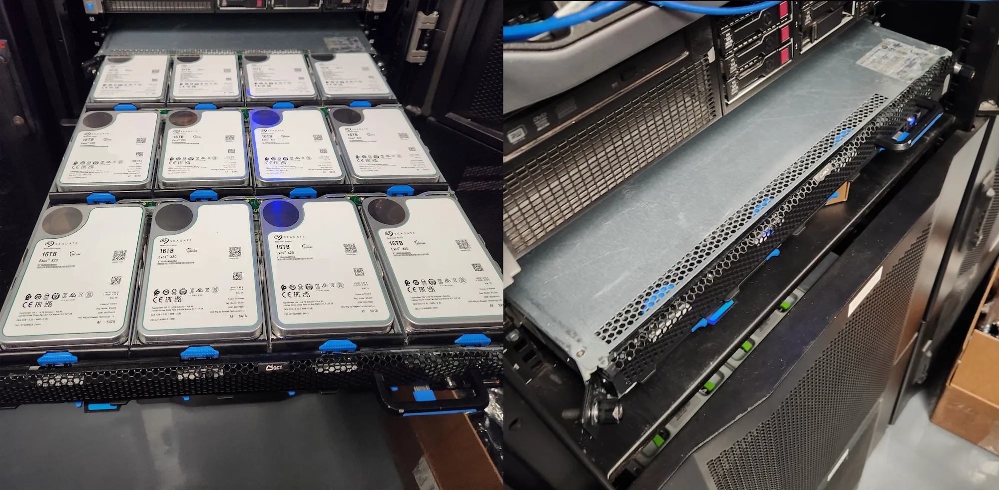 Left/right collage of two pictures: left shows the Quanta disk tray opened with twelve 16TB drives installed and the right showcases the tight clearance of the server against the front of the rack.