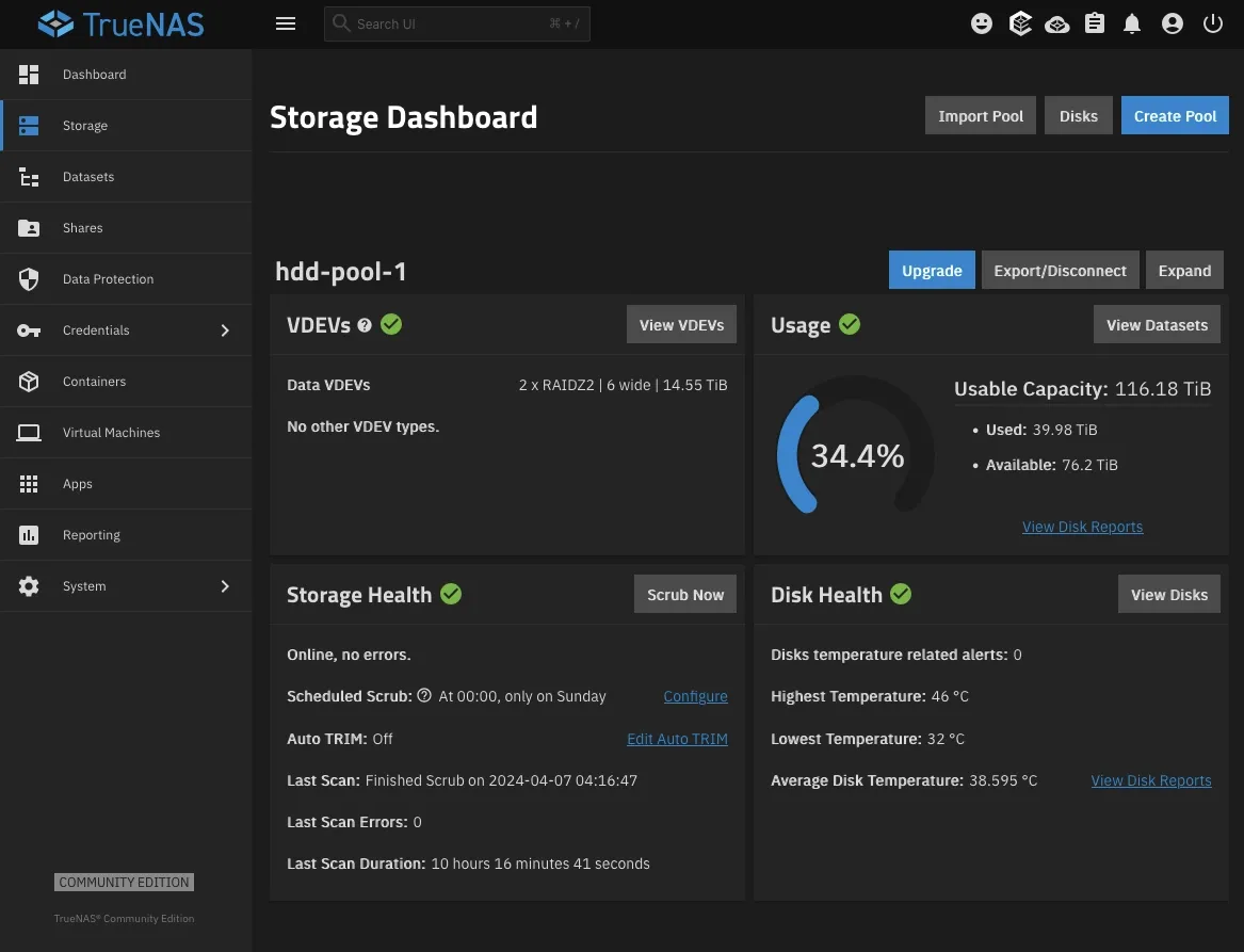 Screenshot of hard drive pool overview within the TrueNAS GUI showing vdev setup.